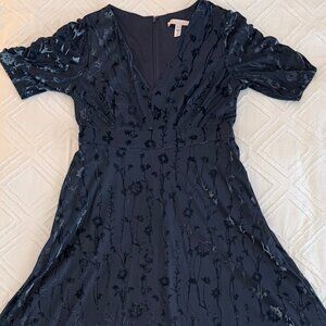 Hutch Anthropologie Midi Dress Blue Burnout Velvet V Neck Ruched Sleeves US 12